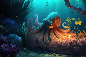Wall Mural - Octopus illustration under the ocean with corals. Generative AI