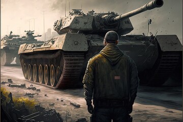 Wall Mural - War scene illustration with soldier in front of a war tank. Generative AI