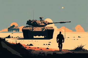 Wall Mural - War scene illustration with war tank and soldiers. Generative AI