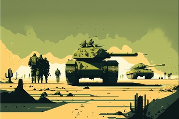 Wall Mural - War scene illustration with war tank and soldiers. Generative AI