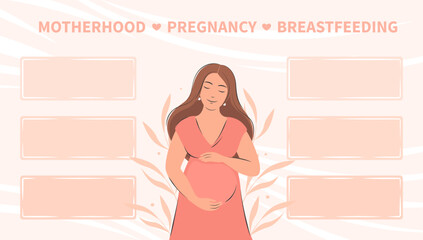 Wall Mural - Banner about pregnancy, breastfeeding and motherhood. Pregnant woman, future mom. Tips, different data, informations expectant mothers. Vector illustration.