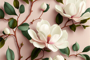 Wall Mural - Composition pattern magnolia flowers and peonies and leaves on light background. Holiday greeting with space for text, wedding, Valentine's Day, Women's Day. Natural florist design. Generative AI
