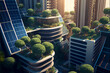 © VICHIZH - The city of the future with solar panels on the facade with natural plants, green energy and eco technology, modern clean environment. Generative AI