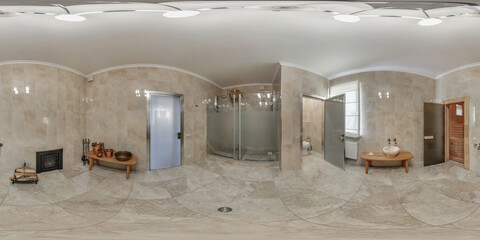 Sticker - full seamless hdri 360 panorama view in interior of bathroom in modern flat loft apartments in equirectangular projection with zenith and nadir. VR AR content