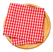 Red check napkin and board for pizza on white background. Top view of napkin on wooden round board isolated.