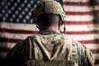 soldier in uniform from behind in front of the US flag, generative ai