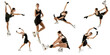 © Lustre Art Group  - Set of icons, images of young teen girl, junior female figure skater in black stage costume skating isolated over white background. Concept of skills, sport, beauty, winter sports.