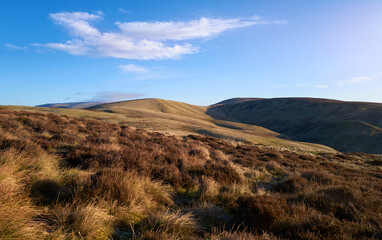 Poster - Views of Windy Rig on the left and Windy Gyle centre right from below Mozie Law on a sunny winters morning in the Northumberland Cheviot mountains at sunrise, UK.