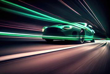 Canvas Print - Car speed with blurry light trail in the dark background. Transportation and Technology concept. Generative AI