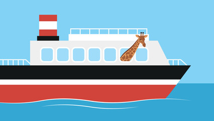 Poster - Giraffe on a motor ship - illustration