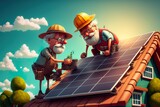 Fototapeta  - Cartoon - Zwei alte Männer bauen Ihre Solaranlage selbst auf. Erneuerbare Energie ausbauen - Selbstbau - KI Comic