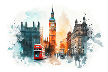 Watercolor Painting Of Big Ben In London City, The UK. English Symbol Artistic Picture. Generative Ai