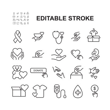 Simple Set of Donations and Charity Related Vector Line Icons. Contains such Icons as Help, Box of Clothes, Toys Giveaway and more. Editable Stroke.