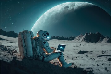 Wall Mural - astronaut in space at the moon with laptop made with generative ai