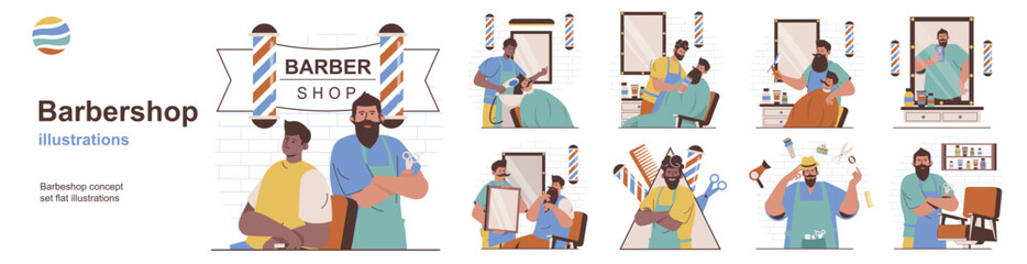 Aufkleber - Barbershop concept with character situations collection. Bundle of scenes people get hair, mustache and beard care, make stylish haircuts and hairdressing. Vector illustrations in flat web design
