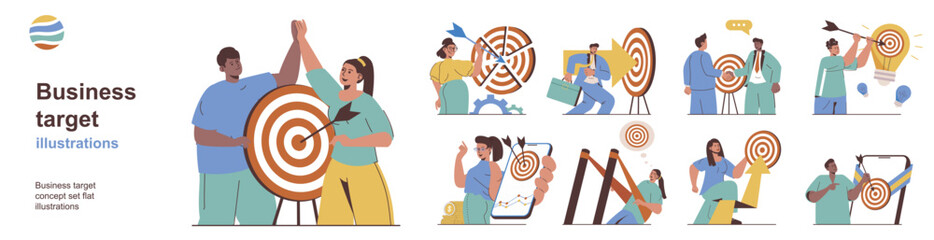 Fototapete - Business target concept with character situations collection. Bundle of scenes people analyze market data, hitting career target with arrow and achieve goals. Vector illustrations in flat web design