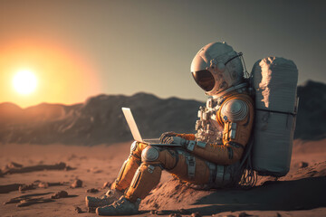 Wall Mural - astronaut with laptop sitting on mars made with generative ai