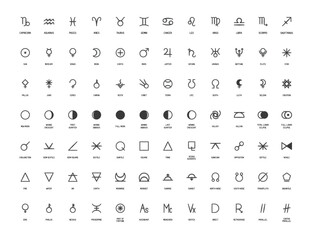 zodiac, astrology elements, solar system, moon phases horoscope thin line label linear design esoter