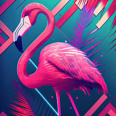 Wall Mural - Neon music summer party poster with flamingo Generative AI