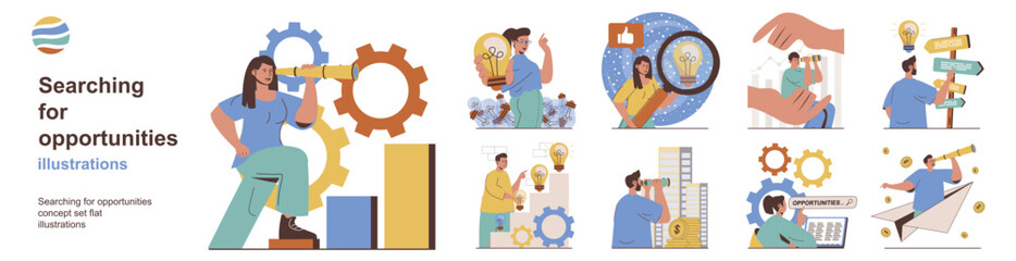 Poster - Searching for opportunities concept with character situations collection. Bundle of scenes people with spyglasses and magnifiers looking for career directions. Vector illustrations in flat web design