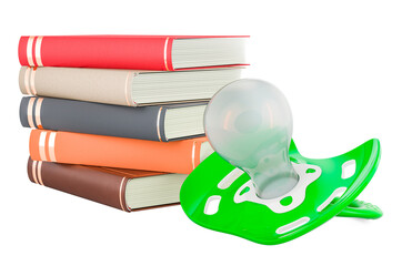 Poster - Baby soother with books. Books about Motherhood, concept, 3D rendering