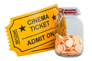 Poster - Cinema tickets with glass jar full of golden coins, 3D rendering