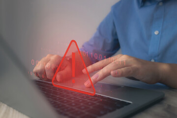 Poster - Cybersecurity icon concept, cyber attack on computer network, System warning hacked alert, programmer, developer using computer laptop with triangle caution warning sign, hack, cybercrime.