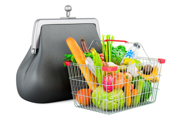 Canvas Print - Shopping basket full of grocery products with coin purse. Market basket or purchasing power concept, 3D rendering