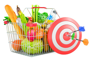 Poster - shopping basket full of grocery products with goal and arrows, 3d rendering