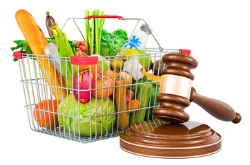 Wall Mural - Shopping basket full of products with wooden gavel. Consumer protection concept. 3D rendering