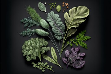 top view of different leafy vegetables and herbs on grey dark table