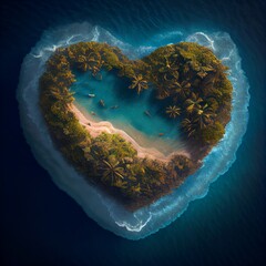 small tropical island in the shape of a heart in the waves of the ocean