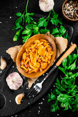 Sticker - Marinated mushrooms on a plate with parsley. 