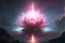Pink Celestial Lotus On Top Of A Magical Lake. Lotus Sparkling In The Flowing Creek With Bright Glowing Translucent Aura