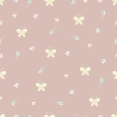 Wall Mural - Pink pastel butterfly tiny cute doodle pattern