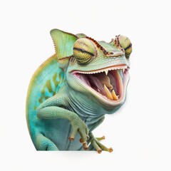 Wall Mural - Detailed illustration of a happy smiling chameleon isolated on a white background, generative ai