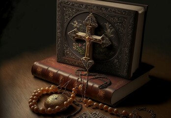 Canvas Print - illustration crucifix and rosary on a book.image generated by AI