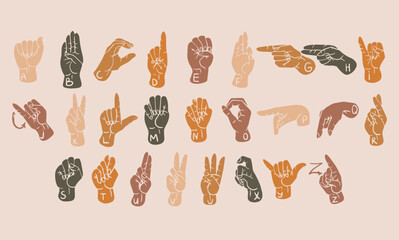 American Sign Language Alphabet. 26 letters of ASL. Sign Language spelling. Deaf culture, gestures. Flat items in boho colors.