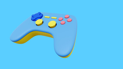 Poster - Realistic console game controller. Multicolored icon on blue background with space for text. 3D rendering.