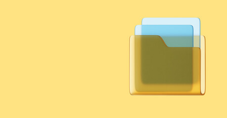 Poster - Glass computer folder with sheets of paper, files, interface element, side view. 3D rendering. Icon on yellow background, space for text.
