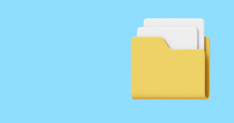 Poster - Computer folder with sheets of paper, files, interface element, side view. 3D rendering. Icon on blue background, space for text.
