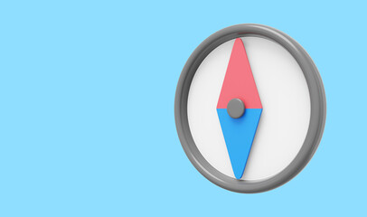Poster - Cartoon compass, navigation, direction finding. 3D rendering. Icon on blue background, space for text.