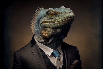 Wall Mural - Portrait of a iguana dressed in a formal business suit. Generative AI