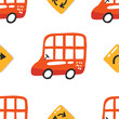 Cartoon seamless pattern with double decker bus. Cute childish background. Urban transportation with road signs. Colorful vector print. Kid backdrop for textile, fabric, paper, games, play mat