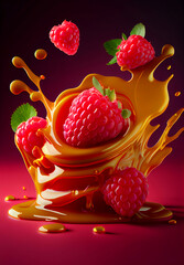 Wall Mural - raspberries falling into honey on pink background