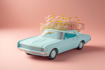 Illustration of a blue retro car full of fresh spring flowers on a pastel pink background. Illustration, Generative AI.