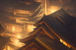 View of traditional Japanese architecture lit up at night. The intricate details of the wooden structure are highlighted by the warm glow of lights.