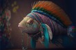 Created with Generative AI technology. Fish in boho style clothes.