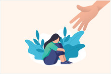 Human Hand Helps A Sad Lonely Woman To Get Rid Of Depression. A Young Unhappy Girl Sits And Hugs Her Knees. The Concept Of Support And Care For People Under Stress. Vector Illustration In Flat Style
