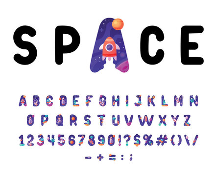 Space Font and Alphabet with Cosmic Capital Letters and Numbers Vector Set